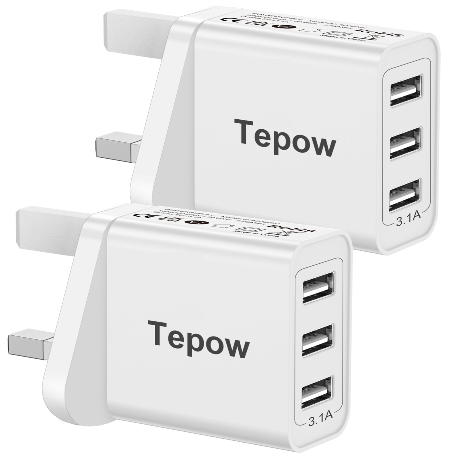 Multi USB Plug Adaptor UK, Multi USB Charger Plug UK 15W/3A 2Pack, Tepow 3 Port USB Wall Charger Adapter with Smart IC Fast Charging for iPhone 14/13/12/11/XS/XR/X/8/7/6 Plus,iPad,Samsung Galaxy,Huawei