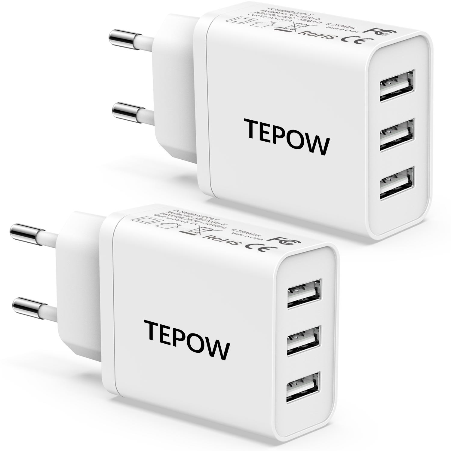Chargeur USB Multiple,Prise USB Multiple 2Pack 15W/3A,Tepow 3 Port Prise Chargeur USB Adaptateur Prise Secteur USB Chargeur Telephone Universel pour Apple iPhone,Samsung Galaxy,Huawei,Xiaomi,Android